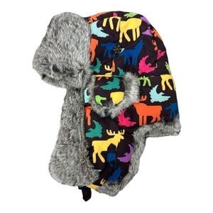 Mad Bomber Kid Moose Eagle Coyote Print Hat Real Rabbit Fur Trapper Hat sz M